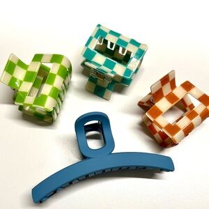 Checkerboard Resin Claw Clips & Matte Blue Hair Clip Set